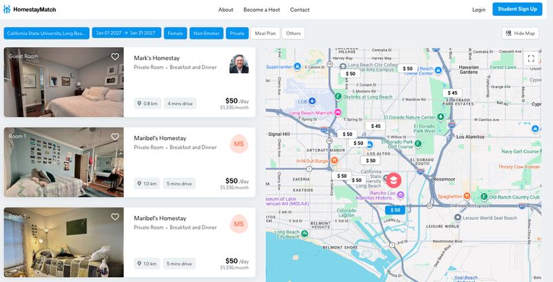 HomestayMatch platform showing verified homestay listings with map