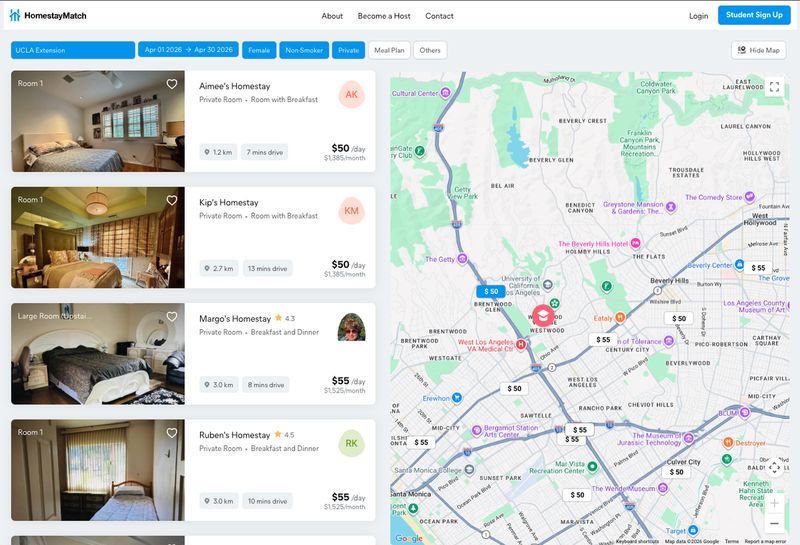 HomestayMatch platform showing homestay listings with map
